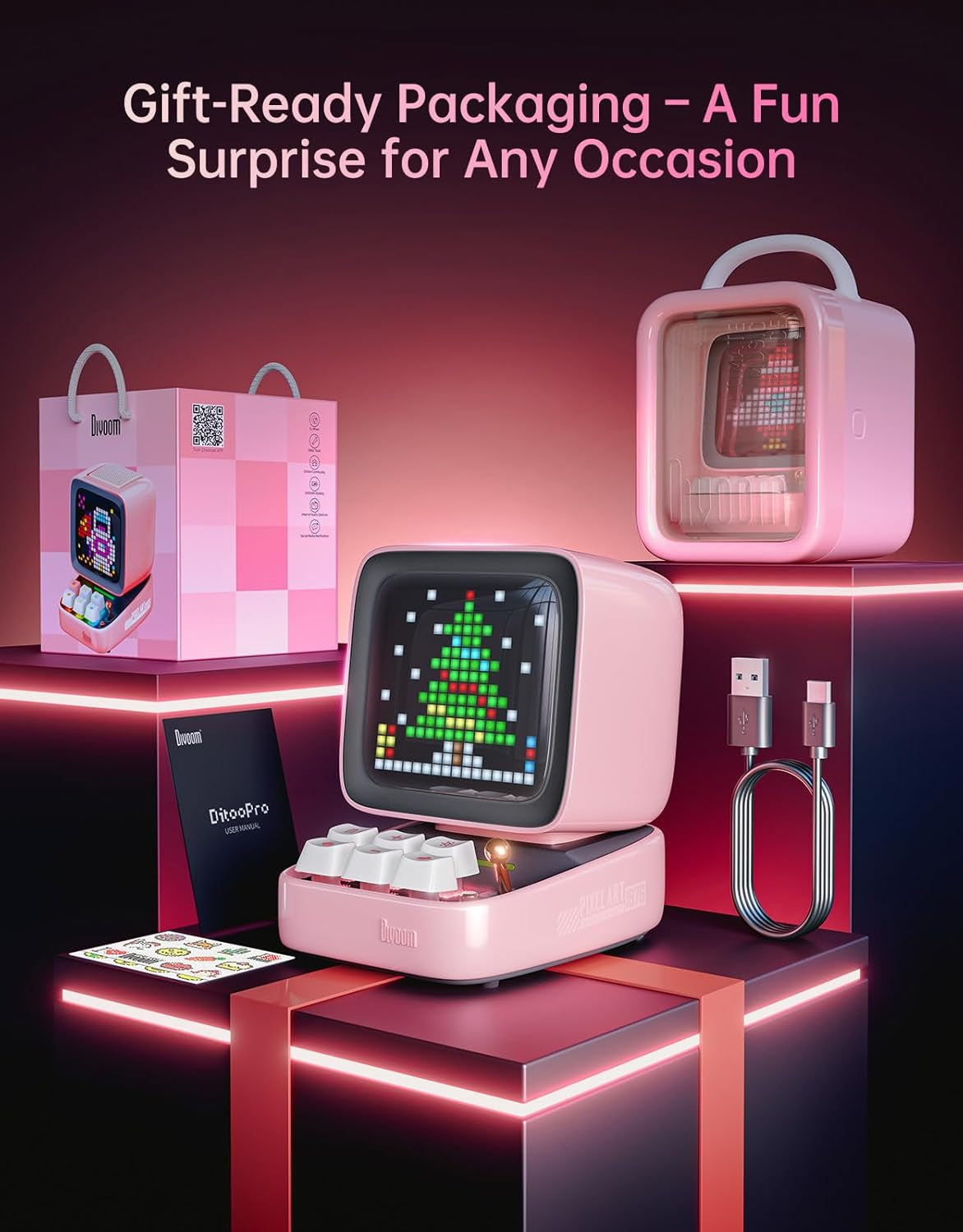 Ditoo Retro Pixel Art Game Bluetooth Speaker with 16X16 LED App Controlled Front Screen (Pink)