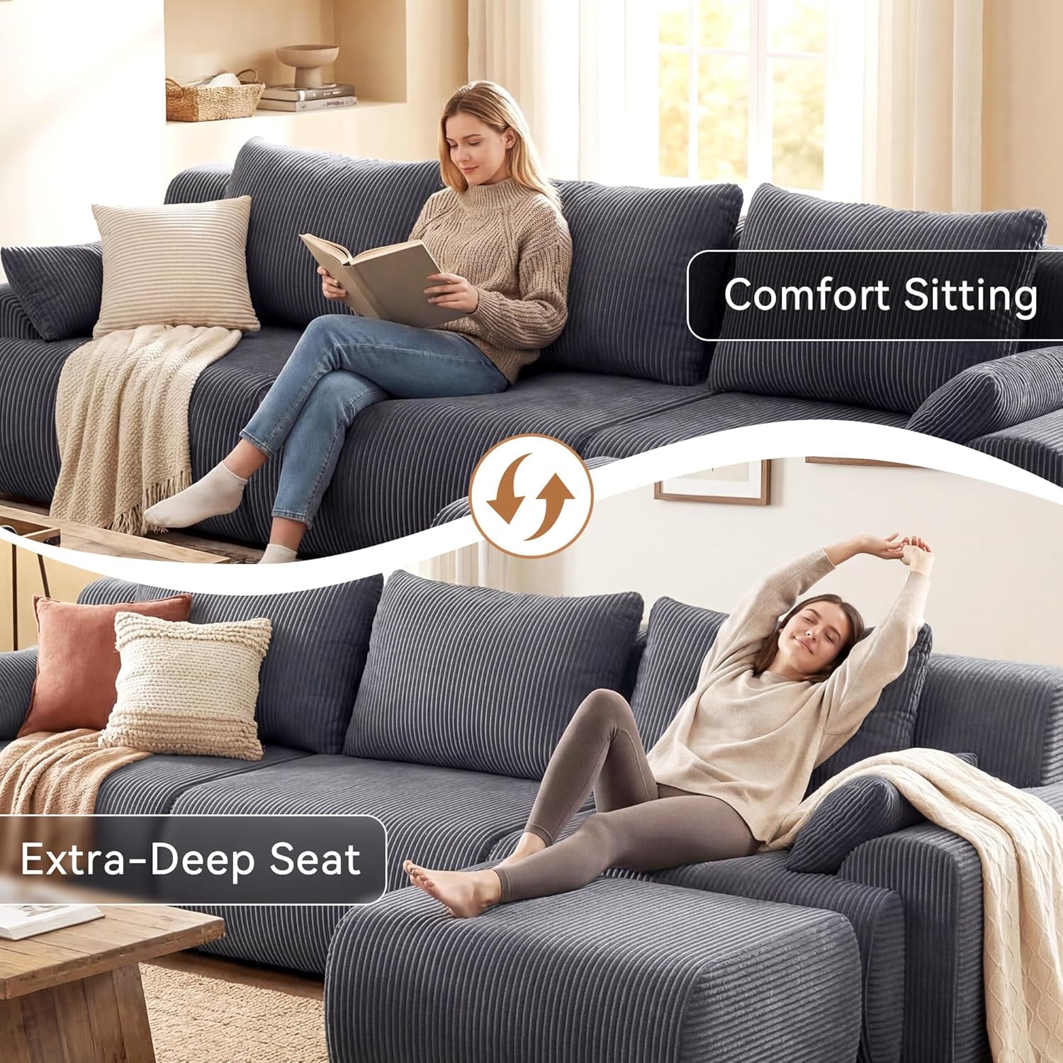 118'' Sectional Boneless Oversize Modular Couches, Curved Cloud Sectional Couches for Living Room,Rounded Corner Design L Shape Deep Seat Family Sofa with Ottoman & 3 Throw Pillows, Grey