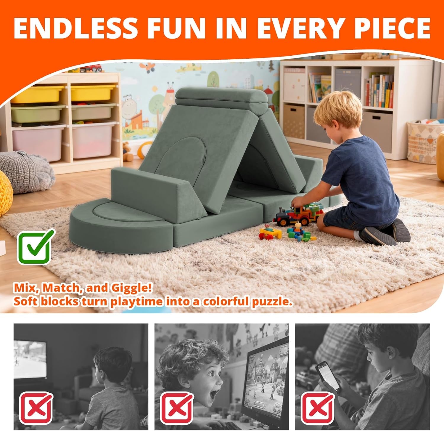 Modular Kids Play Couch 16Pcs, Toddler Couch for Playroom, Bedroom, Toddler Modular Play Sofa, Kids Sofa Building Fort with Convertible Foam Cushion for Boys and Girls, Green