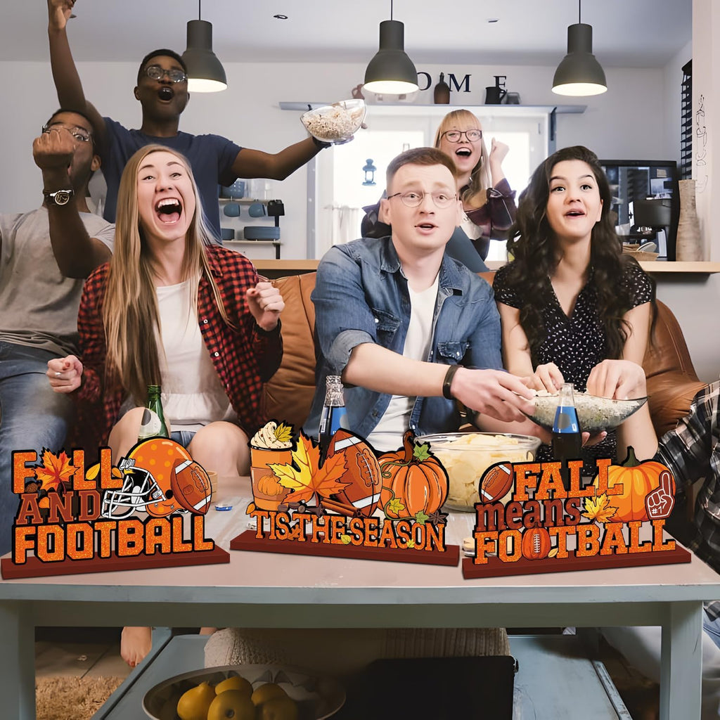 4Pcs Fall Decorations, Fall Football Theme Wooden Table Centerpiece, Gnome Pumpkin Maple Tabletop Signs for Football Game Day Party Fall Thanksgiving Party Supplies