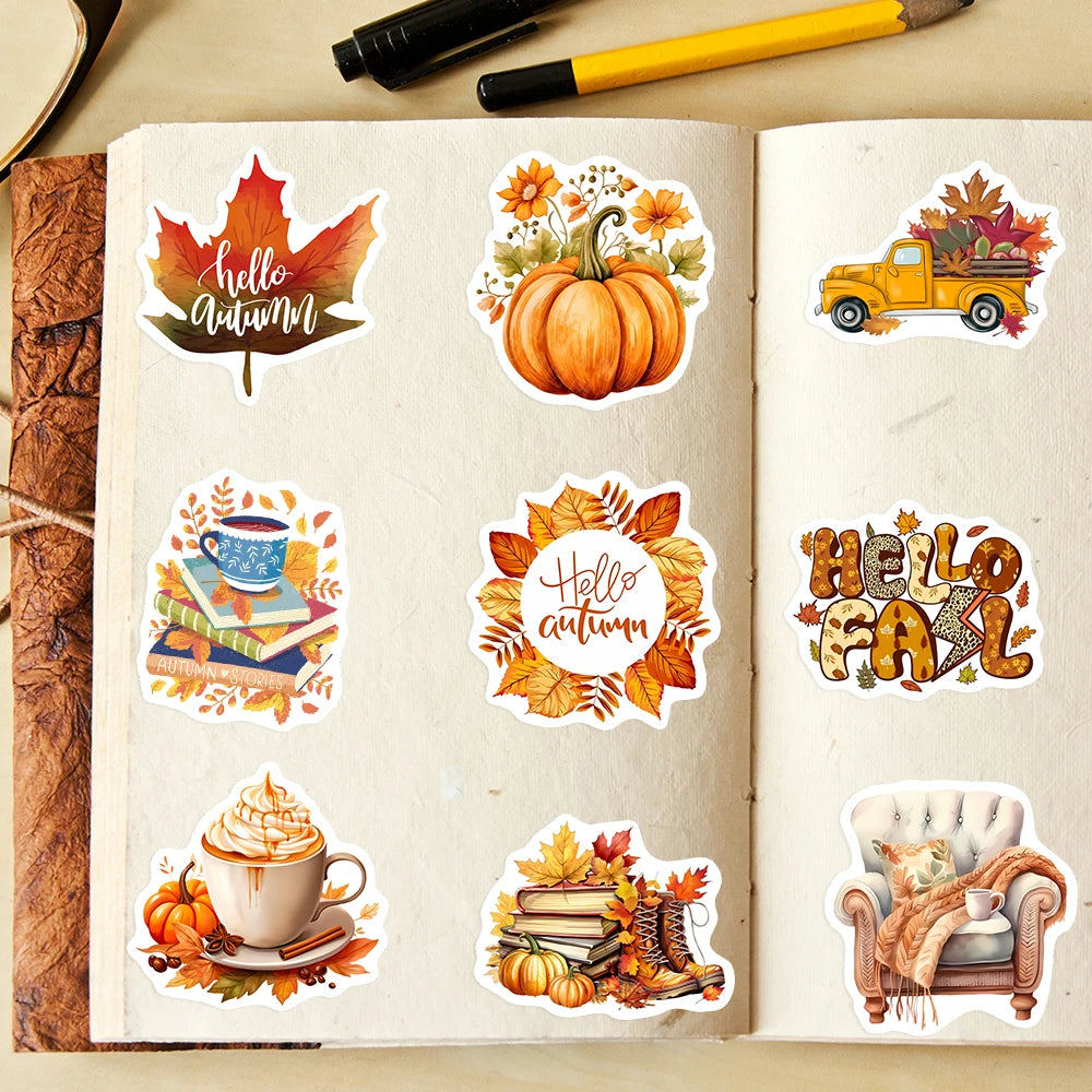 Autumn Fall Stickers Pumpkins  Aesthetic DIY Gift Kids Toy Waterproof Graffiti Decal for Laptop Phone Luggage Bottles Decorative