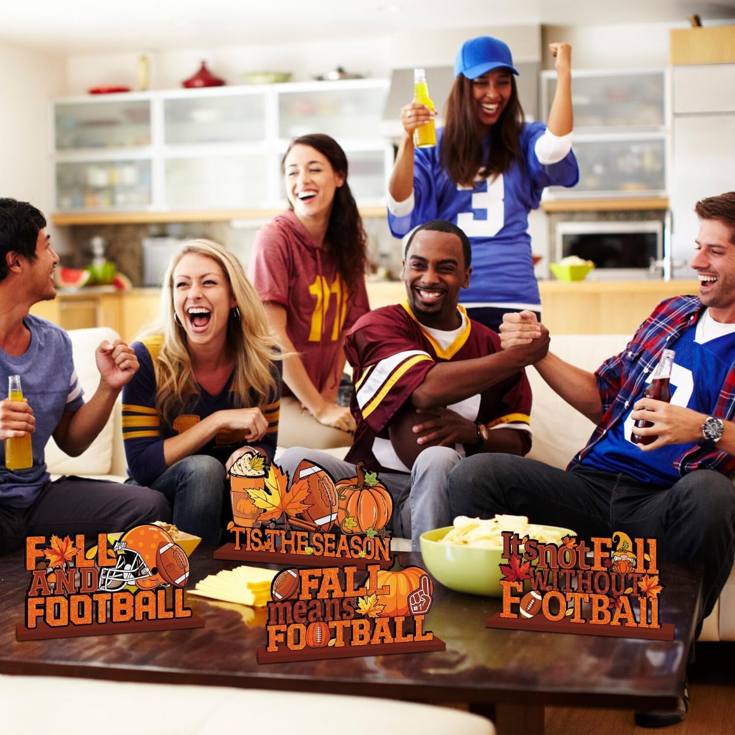 4Pcs Fall Decorations, Fall Football Theme Wooden Table Centerpiece, Gnome Pumpkin Maple Tabletop Signs for Football Game Day Party Fall Thanksgiving Party Supplies