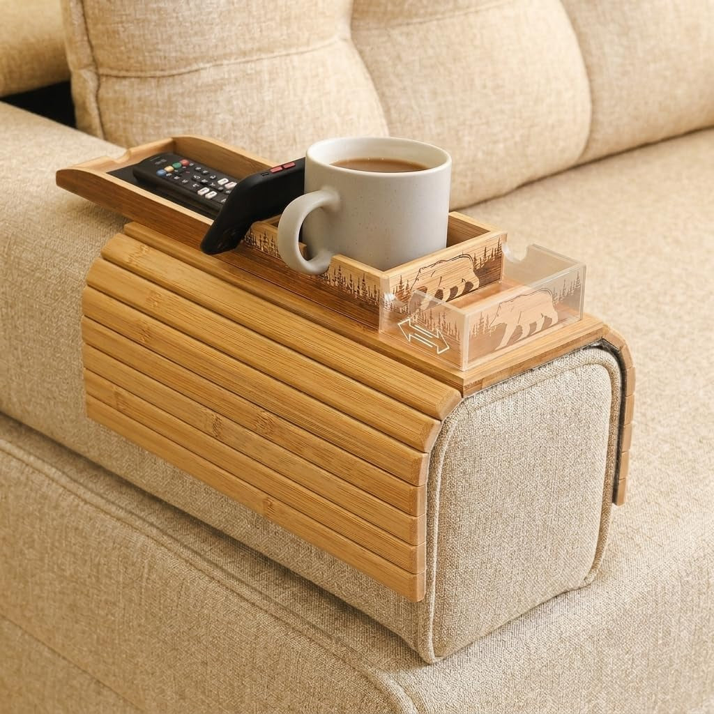 Bamboo Couch Armrest Table, 2-In-1 Foldable Sofa Arm Tray with Scratch-Free Phone Holder & Cup Holder, Non-Slip Surface Fits Most Armrests, for Drinks Snacks Remote, Housewarming Gift