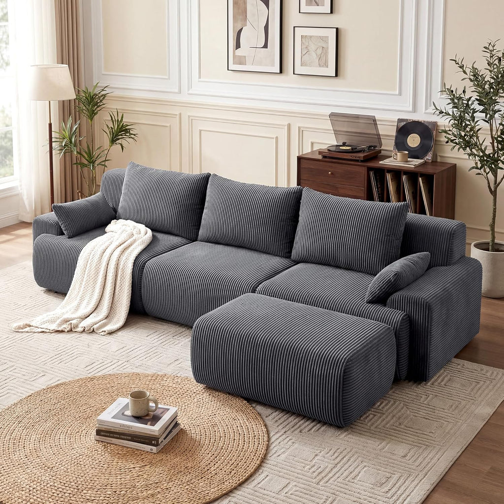 118'' Sectional Boneless Oversize Modular Couches, Curved Cloud Sectional Couches for Living Room,Rounded Corner Design L Shape Deep Seat Family Sofa with Ottoman & 3 Throw Pillows, Grey