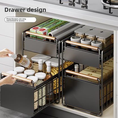 Pull-Out Cabinet Organizer Shelf with Drainage Basket – Carbon Steel Kitchen Storage Rack