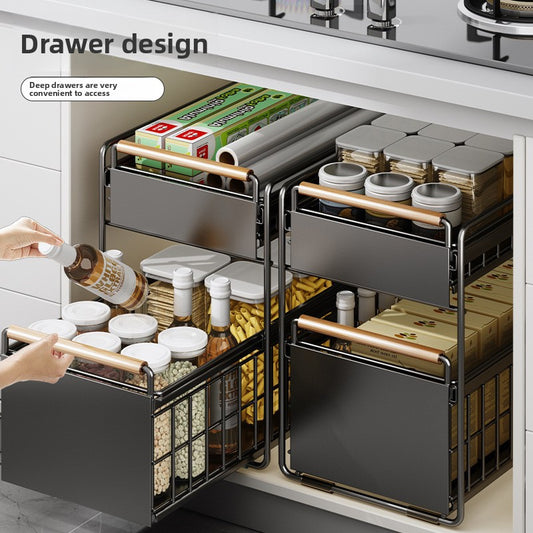 Pull-Out Cabinet Organizer Shelf with Drainage Basket – Carbon Steel Kitchen Storage Rack