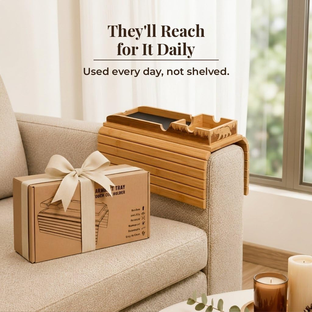 Bamboo Couch Armrest Table, 2-In-1 Foldable Sofa Arm Tray with Scratch-Free Phone Holder & Cup Holder, Non-Slip Surface Fits Most Armrests, for Drinks Snacks Remote, Housewarming Gift