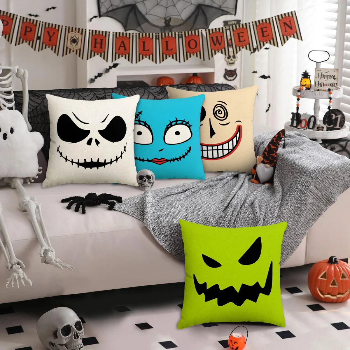 1pc/4pcs Halloween Pillow Cover, Halloween Horror Expressions Home Decoration Living Room Sofa Cushion Cover