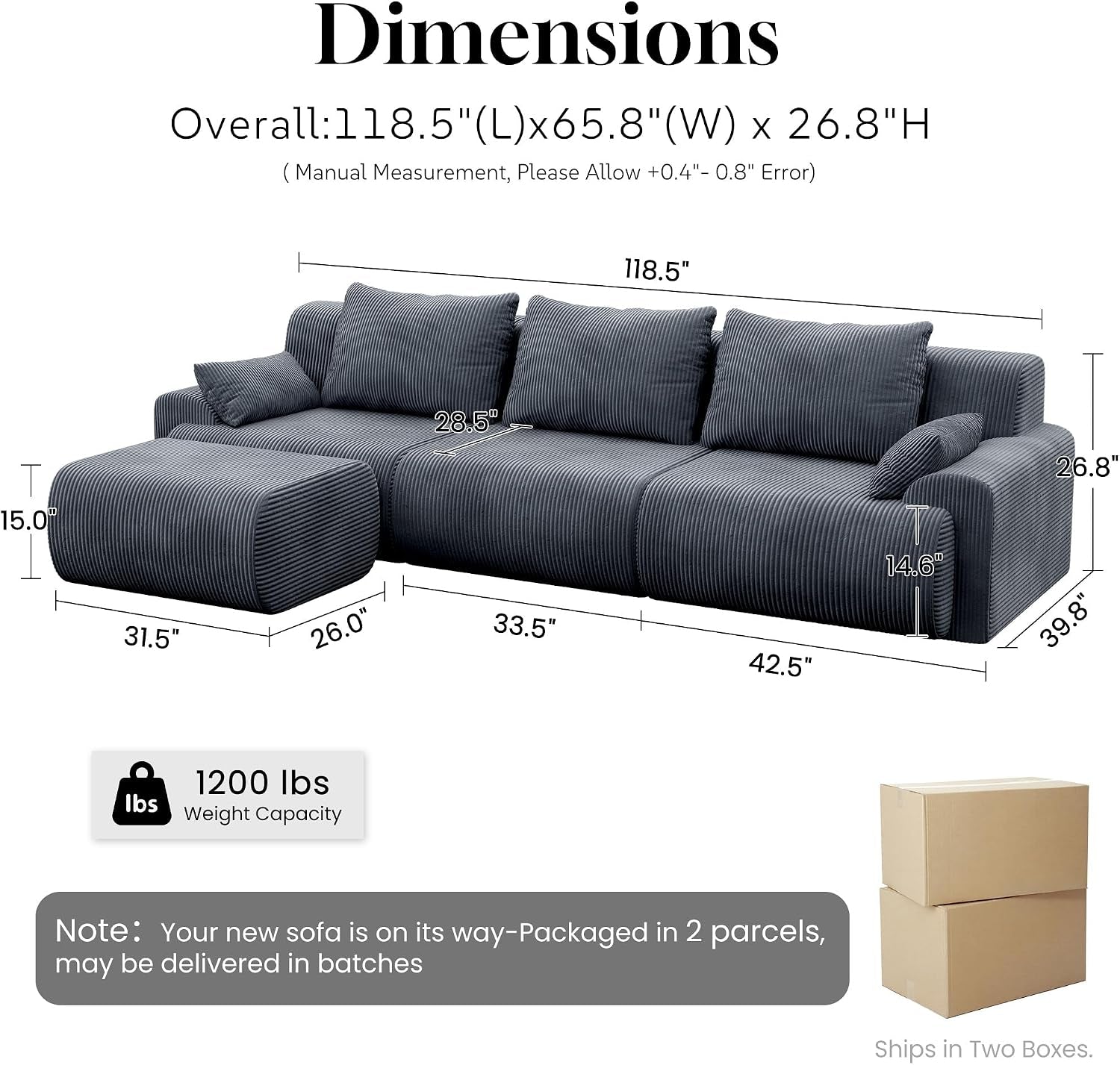 118'' Sectional Boneless Oversize Modular Couches, Curved Cloud Sectional Couches for Living Room,Rounded Corner Design L Shape Deep Seat Family Sofa with Ottoman & 3 Throw Pillows, Grey