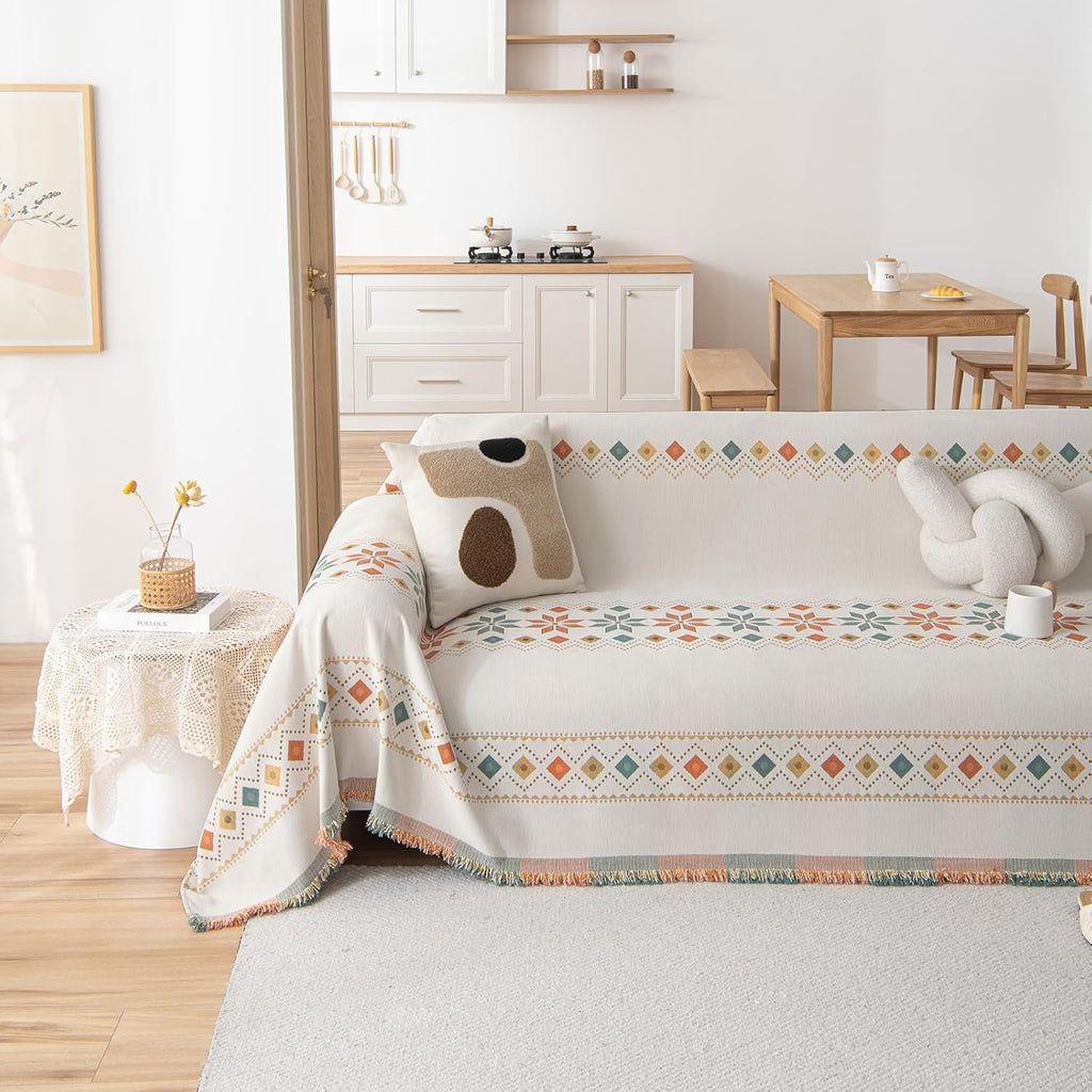 Boho White Jacquard Couch Cover Soft Couch Cover for 3 Seater Cushion Couch Sofa Bedroom Living Room Furniture Protector Sofa Cover for Couch Bed - Gift for Christmas Thanksgiving 71X134 Inch