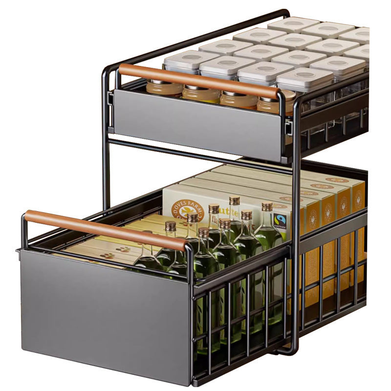 Pull-Out Cabinet Organizer Shelf with Drainage Basket – Carbon Steel Kitchen Storage Rack