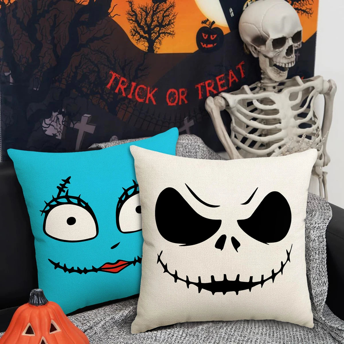 1pc/4pcs Halloween Pillow Cover, Halloween Horror Expressions Home Decoration Living Room Sofa Cushion Cover