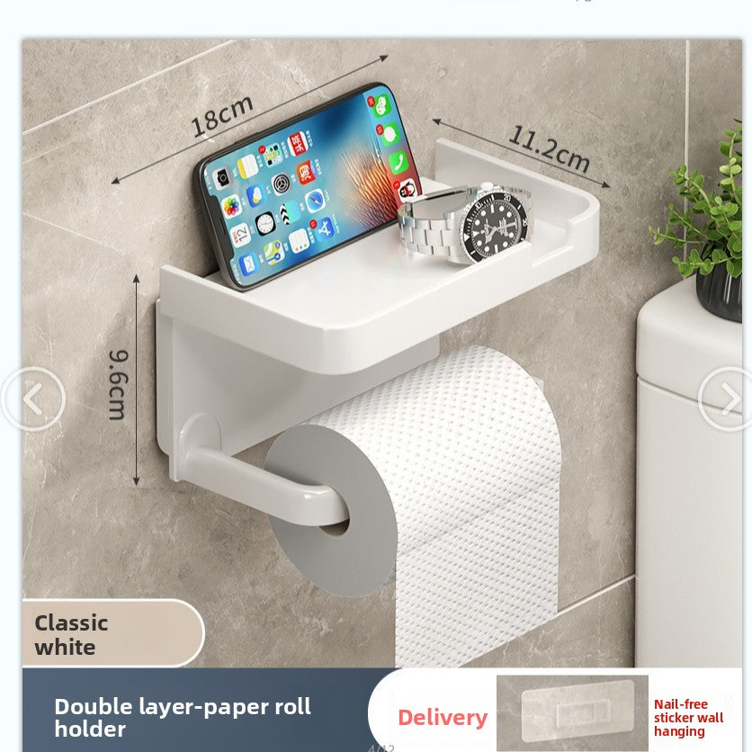 Wall-Mounted Tissue & Paper Roll Holder – No-Drill Bathroom Storage Rack, Single & Double Layer