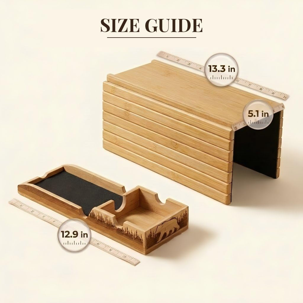 Bamboo Couch Armrest Table, 2-In-1 Foldable Sofa Arm Tray with Scratch-Free Phone Holder & Cup Holder, Non-Slip Surface Fits Most Armrests, for Drinks Snacks Remote, Housewarming Gift