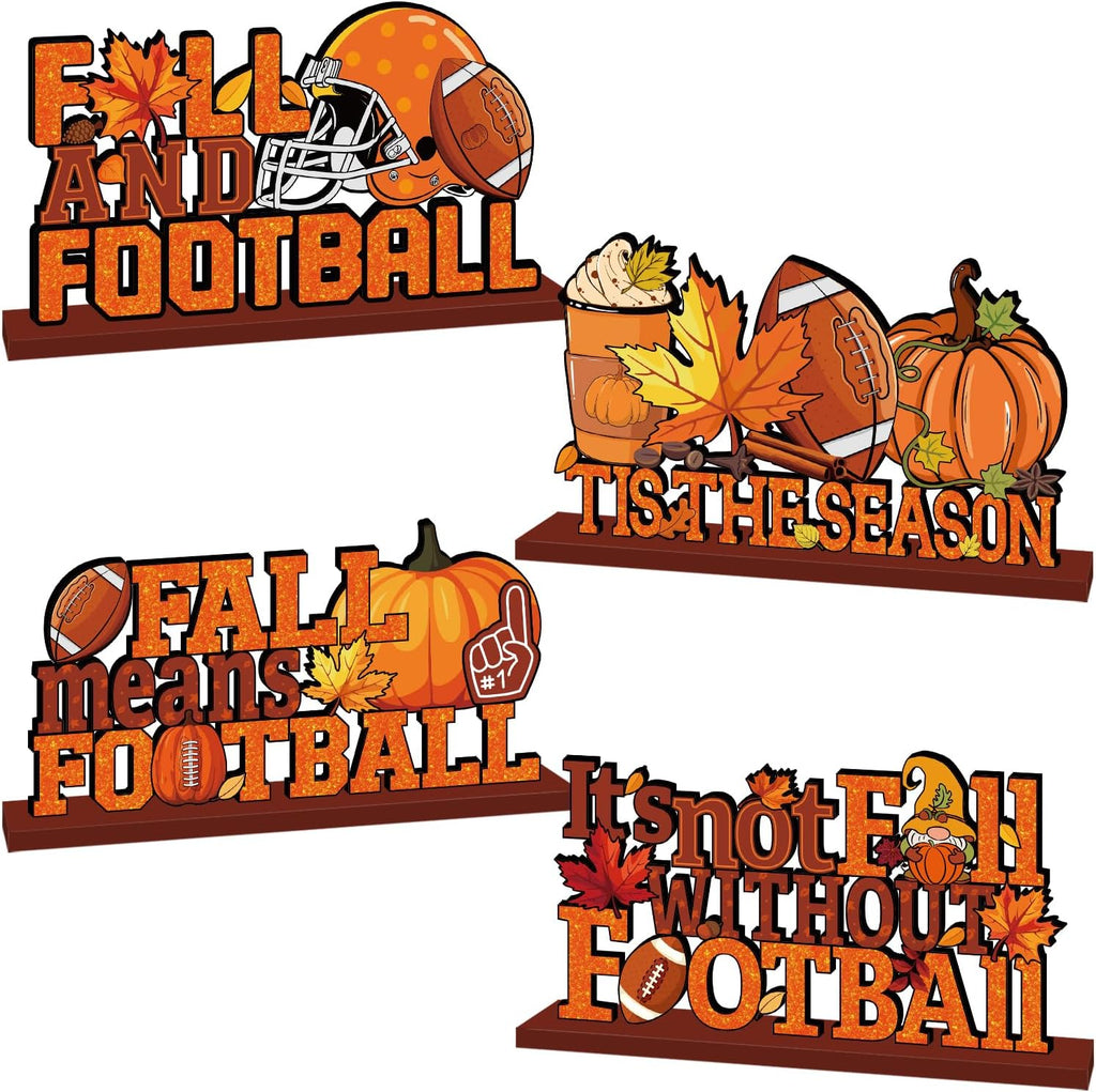 4Pcs Fall Decorations, Fall Football Theme Wooden Table Centerpiece, Gnome Pumpkin Maple Tabletop Signs for Football Game Day Party Fall Thanksgiving Party Supplies