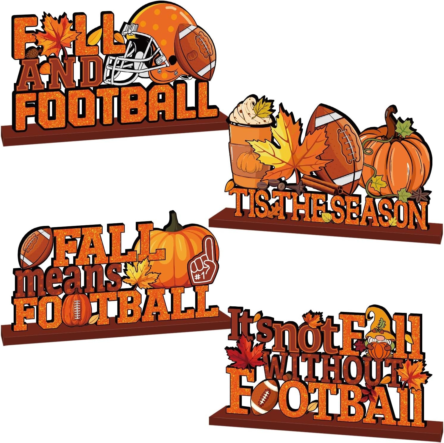 4Pcs Fall Decorations, Fall Football Theme Wooden Table Centerpiece, Gnome Pumpkin Maple Tabletop Signs for Football Game Day Party Fall Thanksgiving Party Supplies