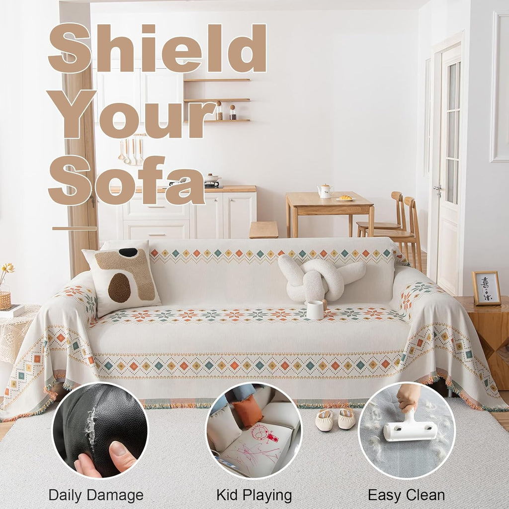 Boho White Jacquard Couch Cover Soft Couch Cover for 3 Seater Cushion Couch Sofa Bedroom Living Room Furniture Protector Sofa Cover for Couch Bed - Gift for Christmas Thanksgiving 71X134 Inch