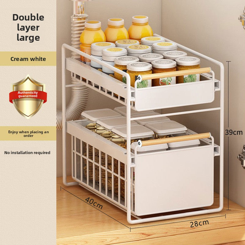 Pull-Out Cabinet Organizer Shelf with Drainage Basket – Carbon Steel Kitchen Storage Rack