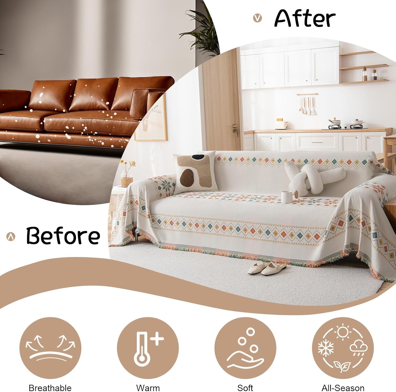Boho White Jacquard Couch Cover Soft Couch Cover for 3 Seater Cushion Couch Sofa Bedroom Living Room Furniture Protector Sofa Cover for Couch Bed - Gift for Christmas Thanksgiving 71X134 Inch