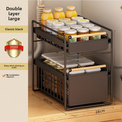 Pull-Out Cabinet Organizer Shelf with Drainage Basket – Carbon Steel Kitchen Storage Rack
