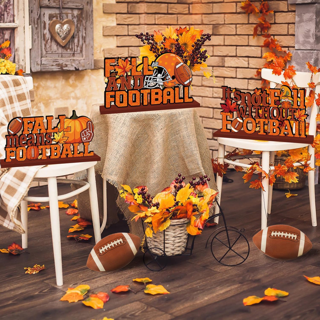 4Pcs Fall Decorations, Fall Football Theme Wooden Table Centerpiece, Gnome Pumpkin Maple Tabletop Signs for Football Game Day Party Fall Thanksgiving Party Supplies