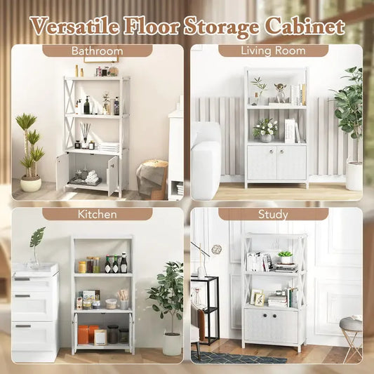 Bathroom Storage Cabinet with Open Shelves & Double Doors – White