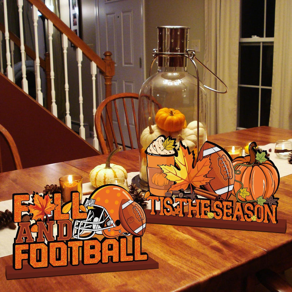 4Pcs Fall Decorations, Fall Football Theme Wooden Table Centerpiece, Gnome Pumpkin Maple Tabletop Signs for Football Game Day Party Fall Thanksgiving Party Supplies