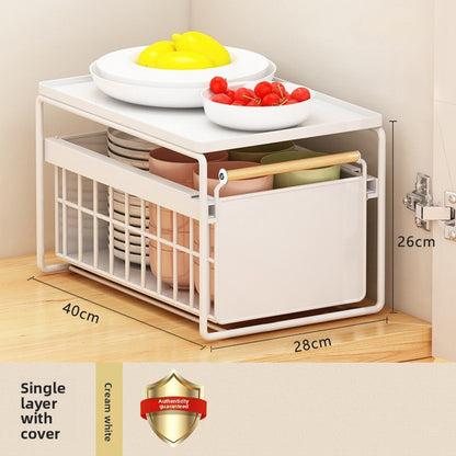 Pull-Out Cabinet Organizer Shelf with Drainage Basket – Carbon Steel Kitchen Storage Rack