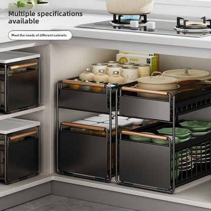 Pull-Out Cabinet Organizer Shelf with Drainage Basket – Carbon Steel Kitchen Storage Rack