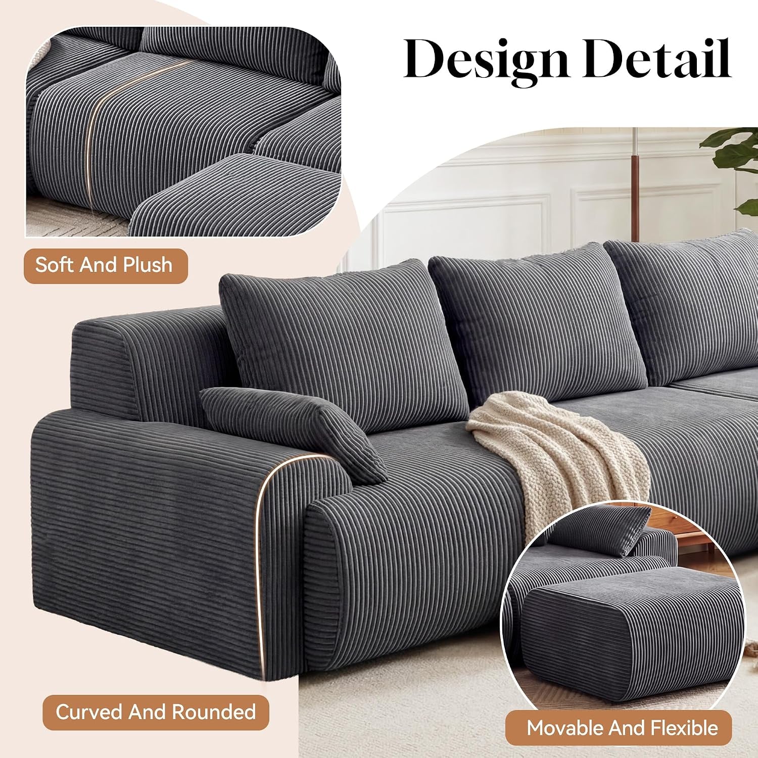 118'' Sectional Boneless Oversize Modular Couches, Curved Cloud Sectional Couches for Living Room,Rounded Corner Design L Shape Deep Seat Family Sofa with Ottoman & 3 Throw Pillows, Grey
