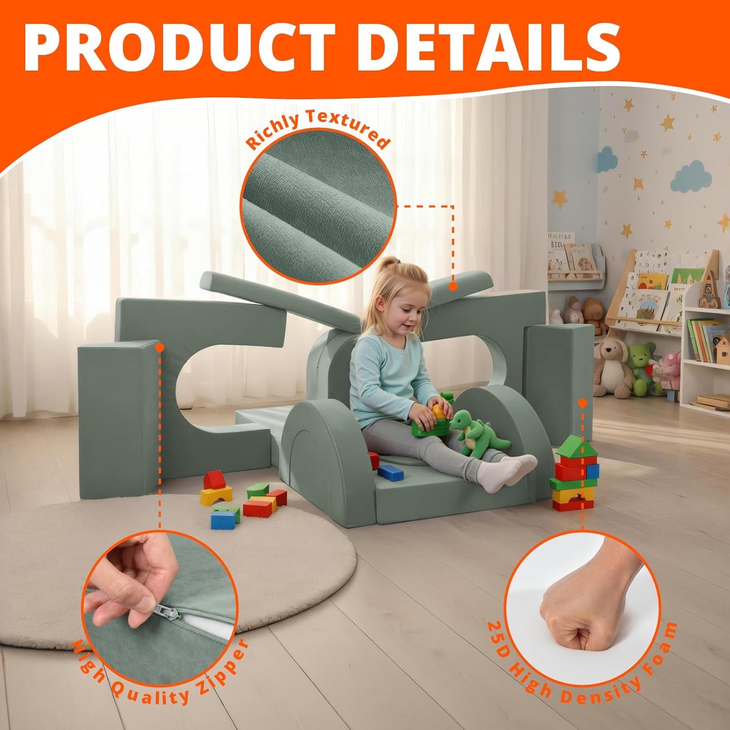Modular Kids Play Couch 16Pcs, Toddler Couch for Playroom, Bedroom, Toddler Modular Play Sofa, Kids Sofa Building Fort with Convertible Foam Cushion for Boys and Girls, Green