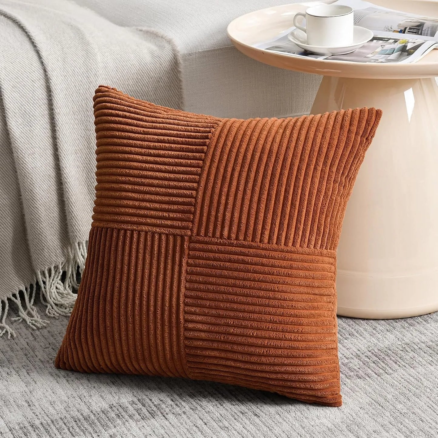 Rust Boho Decorative Throw Pillow Covers 18x18 Inch for Couch Bed Sofa, Farmhouse Fall Home Decor, Soft Corss Corduroy Patchwork