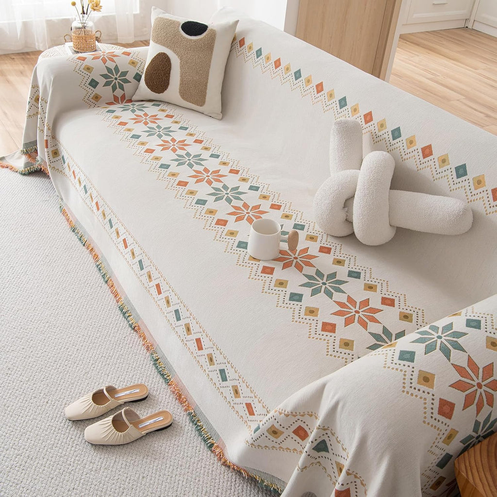 Boho White Jacquard Couch Cover Soft Couch Cover for 3 Seater Cushion Couch Sofa Bedroom Living Room Furniture Protector Sofa Cover for Couch Bed - Gift for Christmas Thanksgiving 71X134 Inch