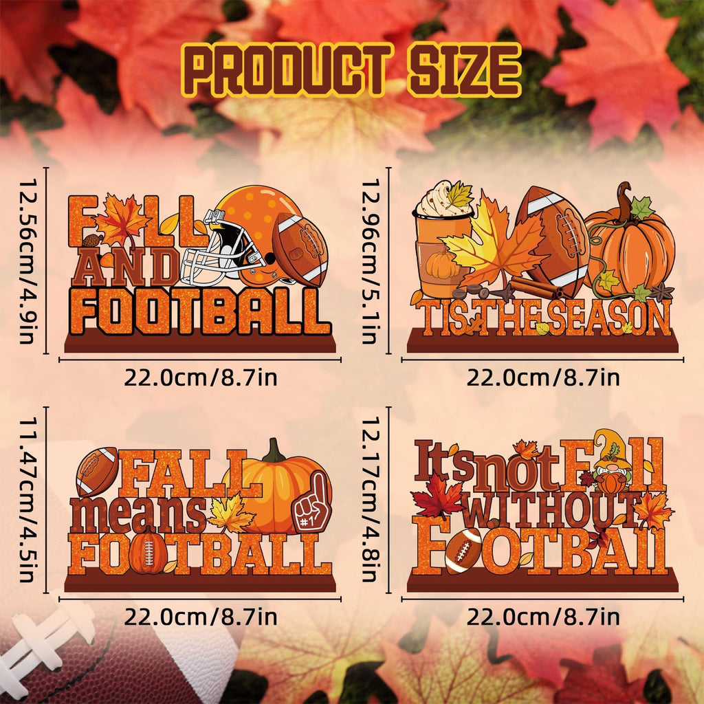 4Pcs Fall Decorations, Fall Football Theme Wooden Table Centerpiece, Gnome Pumpkin Maple Tabletop Signs for Football Game Day Party Fall Thanksgiving Party Supplies