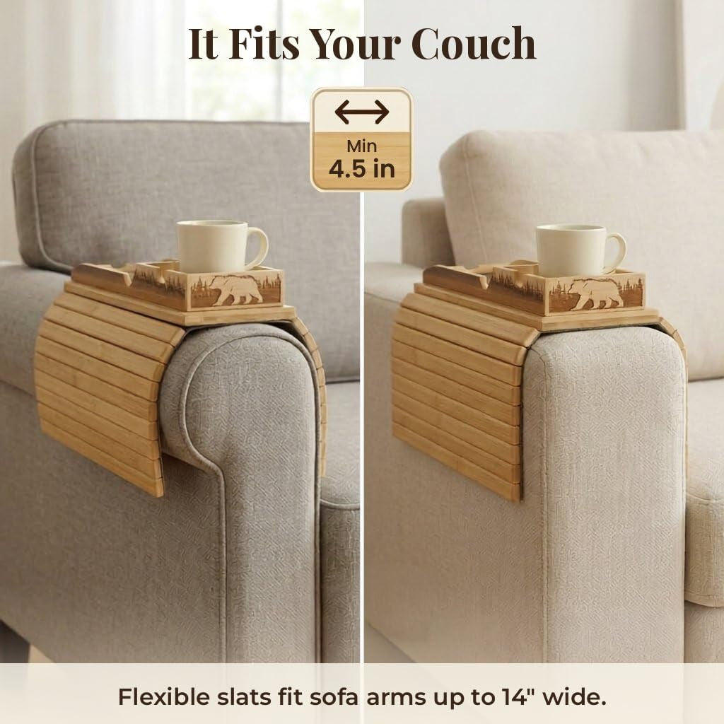 Bamboo Couch Armrest Table, 2-In-1 Foldable Sofa Arm Tray with Scratch-Free Phone Holder & Cup Holder, Non-Slip Surface Fits Most Armrests, for Drinks Snacks Remote, Housewarming Gift