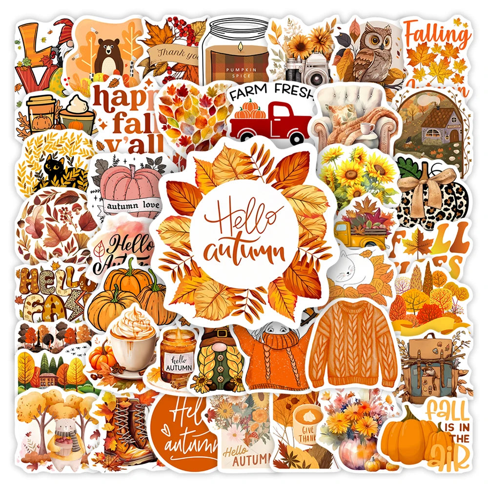 Autumn Fall Stickers Pumpkins  Aesthetic DIY Gift Kids Toy Waterproof Graffiti Decal for Laptop Phone Luggage Bottles Decorative