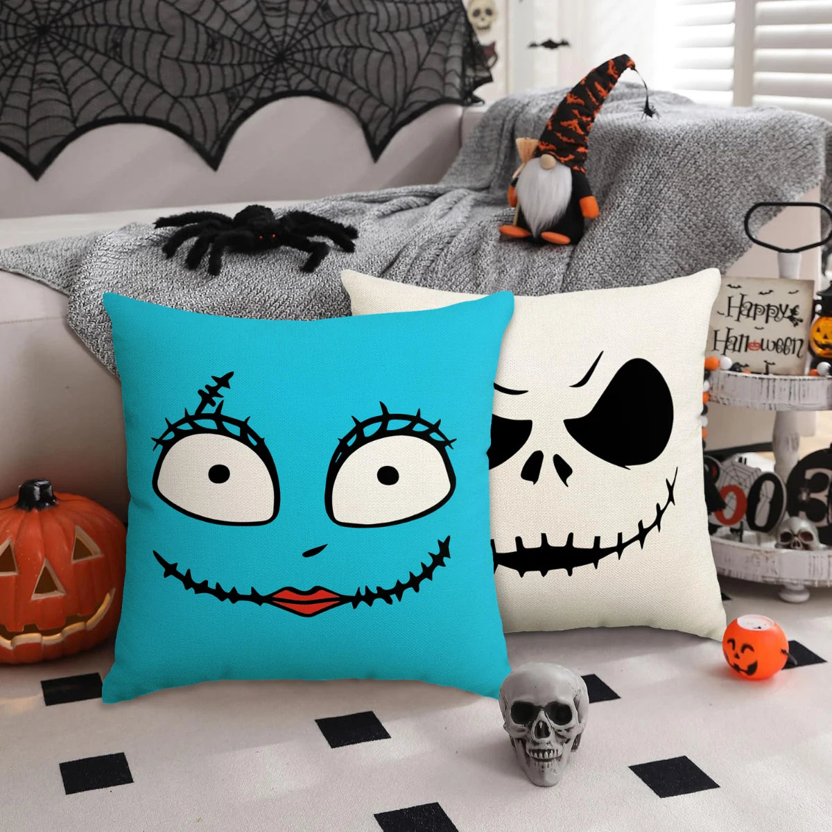 1pc/4pcs Halloween Pillow Cover, Halloween Horror Expressions Home Decoration Living Room Sofa Cushion Cover