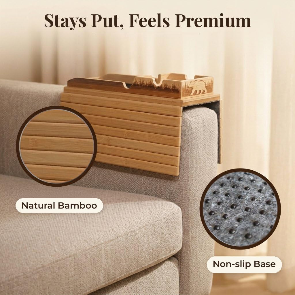 Bamboo Couch Armrest Table, 2-In-1 Foldable Sofa Arm Tray with Scratch-Free Phone Holder & Cup Holder, Non-Slip Surface Fits Most Armrests, for Drinks Snacks Remote, Housewarming Gift