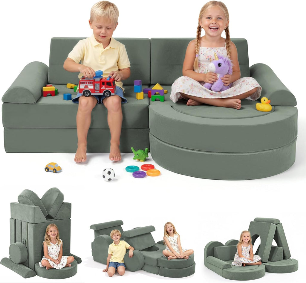 Modular Kids Play Couch 16Pcs, Toddler Couch for Playroom, Bedroom, Toddler Modular Play Sofa, Kids Sofa Building Fort with Convertible Foam Cushion for Boys and Girls, Green