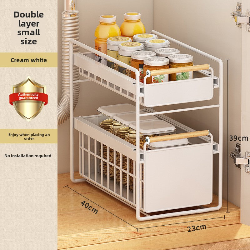 Pull-Out Cabinet Organizer Shelf with Drainage Basket – Carbon Steel Kitchen Storage Rack