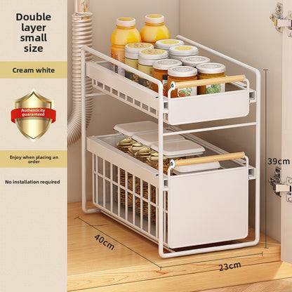 Pull-Out Cabinet Organizer Shelf with Drainage Basket – Carbon Steel Kitchen Storage Rack