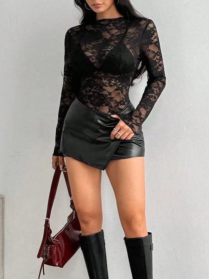 Fall Women's Clothing Long Sleeve Lace Blouse Slim Fit Sheer Rose Jacquard Neck Elegant Vintage Style