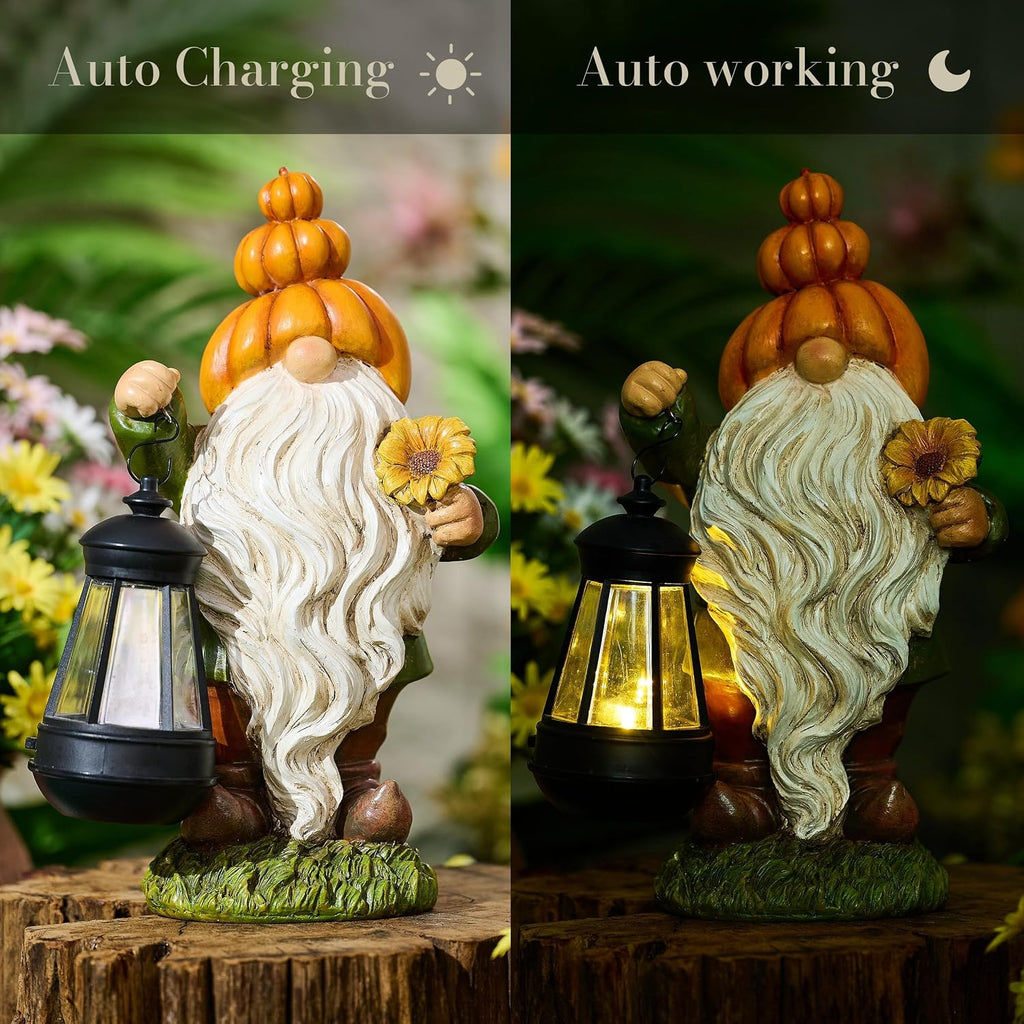Fall Decor, Pumpkin Gnomes Decoration, Autumn Gnome Holding Lantern with Solar Lights, Waterproof Fall Gnomes Resin Outdoor Fall Decor, Fall Gift Outdoor/Indoor, 11.6"