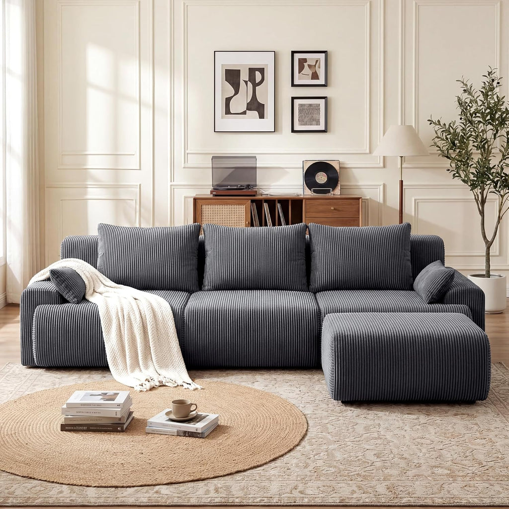 118'' Sectional Boneless Oversize Modular Couches, Curved Cloud Sectional Couches for Living Room,Rounded Corner Design L Shape Deep Seat Family Sofa with Ottoman & 3 Throw Pillows, Grey