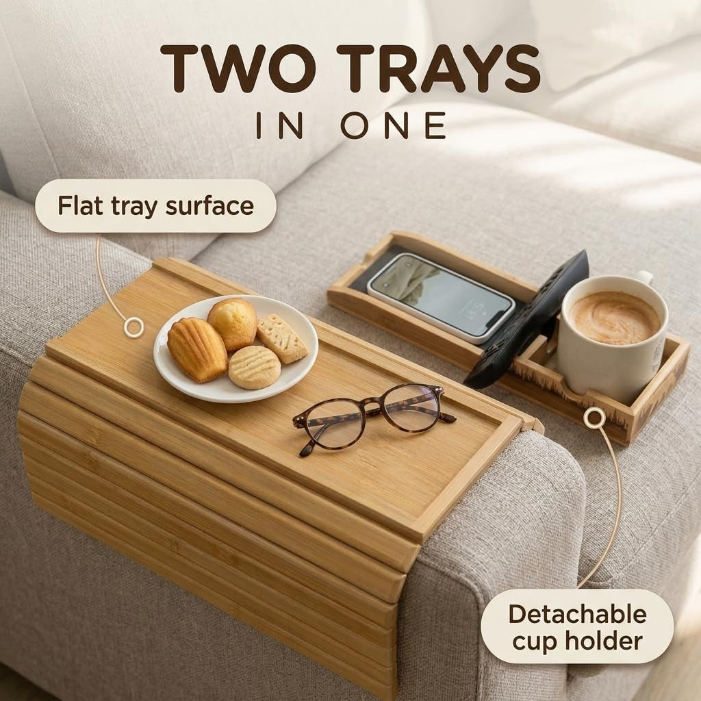 Bamboo Couch Armrest Table, 2-In-1 Foldable Sofa Arm Tray with Scratch-Free Phone Holder & Cup Holder, Non-Slip Surface Fits Most Armrests, for Drinks Snacks Remote, Housewarming Gift