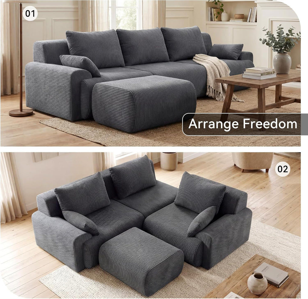 118'' Sectional Boneless Oversize Modular Couches, Curved Cloud Sectional Couches for Living Room,Rounded Corner Design L Shape Deep Seat Family Sofa with Ottoman & 3 Throw Pillows, Grey
