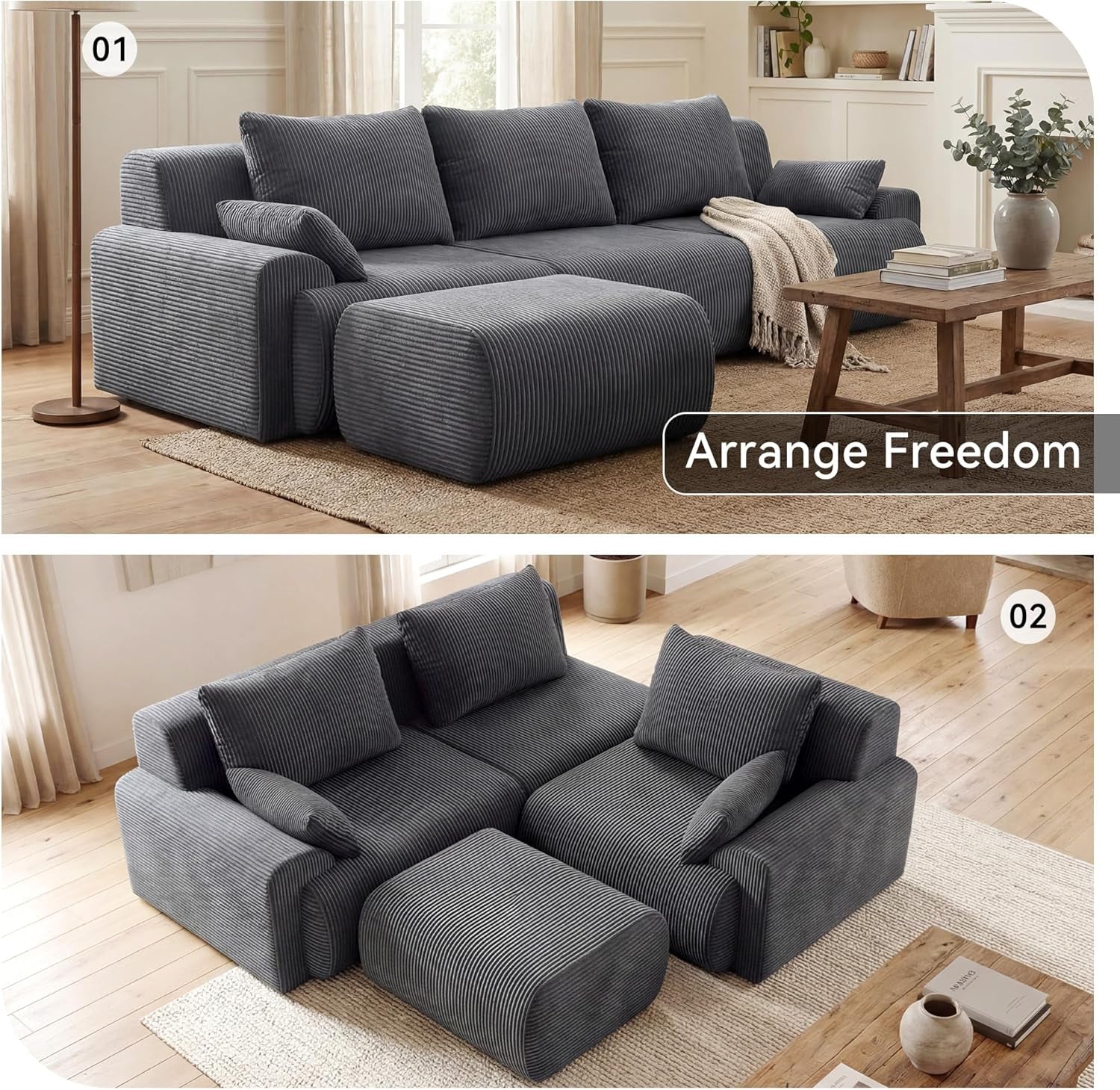 118'' Sectional Boneless Oversize Modular Couches, Curved Cloud Sectional Couches for Living Room,Rounded Corner Design L Shape Deep Seat Family Sofa with Ottoman & 3 Throw Pillows, Grey