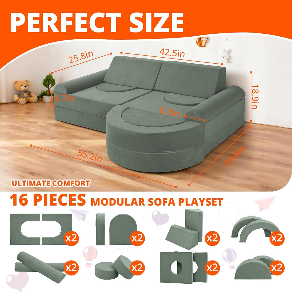 Modular Kids Play Couch 16Pcs, Toddler Couch for Playroom, Bedroom, Toddler Modular Play Sofa, Kids Sofa Building Fort with Convertible Foam Cushion for Boys and Girls, Green