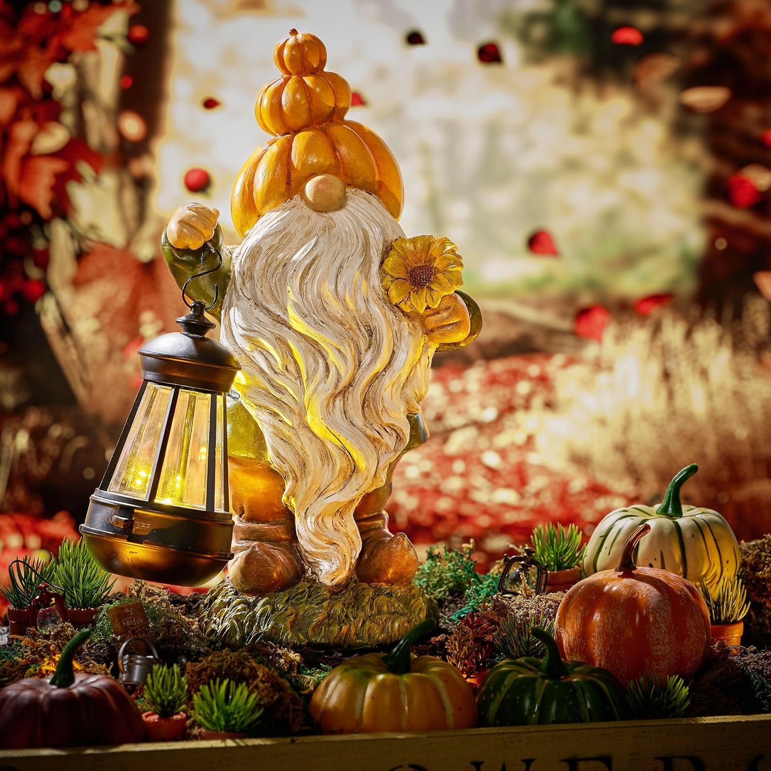 Fall Decor, Pumpkin Gnomes Decoration, Autumn Gnome Holding Lantern with Solar Lights, Waterproof Fall Gnomes Resin Outdoor Fall Decor, Fall Gift Outdoor/Indoor, 11.6"