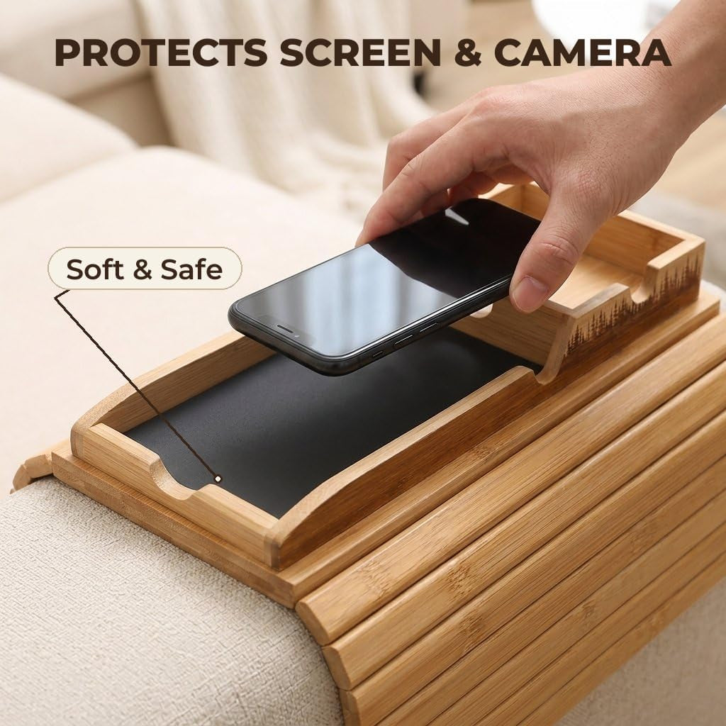 Bamboo Couch Armrest Table, 2-In-1 Foldable Sofa Arm Tray with Scratch-Free Phone Holder & Cup Holder, Non-Slip Surface Fits Most Armrests, for Drinks Snacks Remote, Housewarming Gift